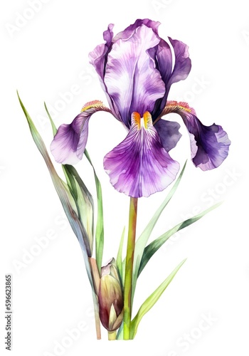 Watercolor illustration of a violet iris flower isolated on white background. Generative AI.