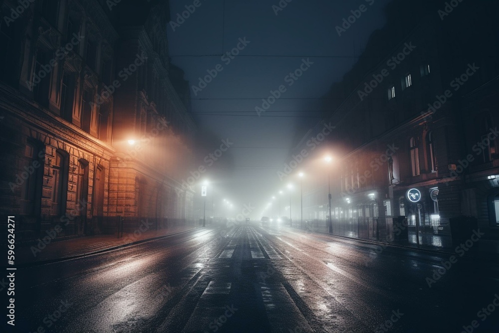 Night street covered in dense fog. Generative AI