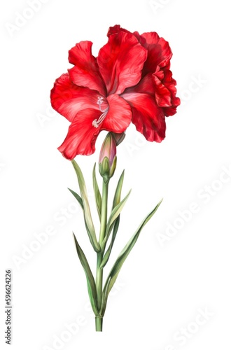 Watercolor illustration of a red gladiolus flower isolated on white background. Generative AI.