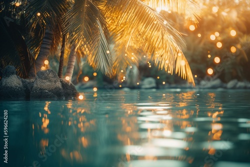 Tropical scene with golden bokeh lights, swaying palms, clear sky, and turquoise water create a warm atmosphere. Generative AI