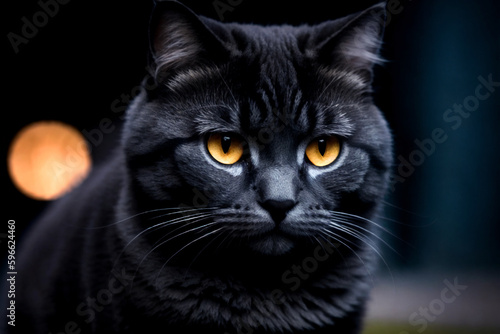 A black cat with yellow eyes looks at the camera against a blurred background of lights in the background, neoism. Generative AI, generative, AI photo