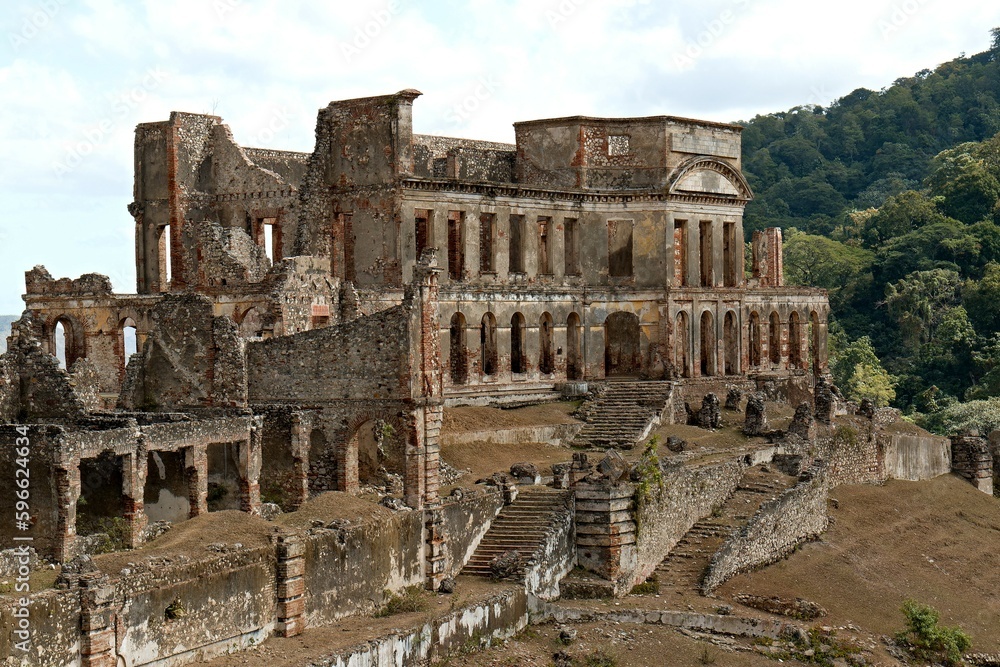 View of the ruins of the Sans-Souci Palace. Royal residence of Henry I, King of Haiti, known as Henri Christope. It is located in the city of Milot. Republic of Haiti.