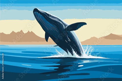 Humpback whale emerging from the water. Humpback whale in the ocean. Eco ocean. Vector illustration. © Oleh