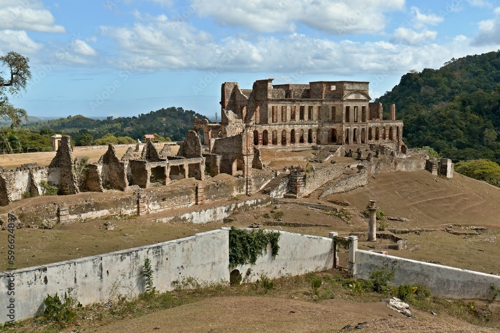 View of the ruins of the Sans-Souci Palace. Royal residence of Henry I, King of Haiti, known as Henri Christope. It is located in the city of Milot. Republic of Haiti.