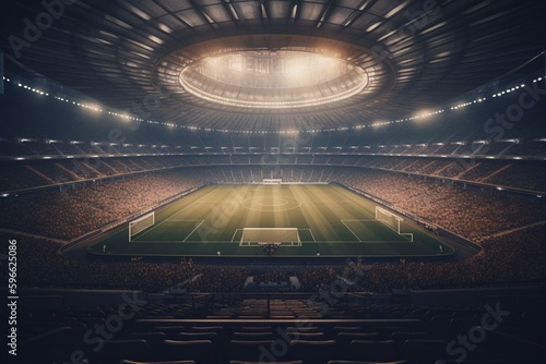 A circular soccer arena featuring dark seating in a 3D model. Generative AI