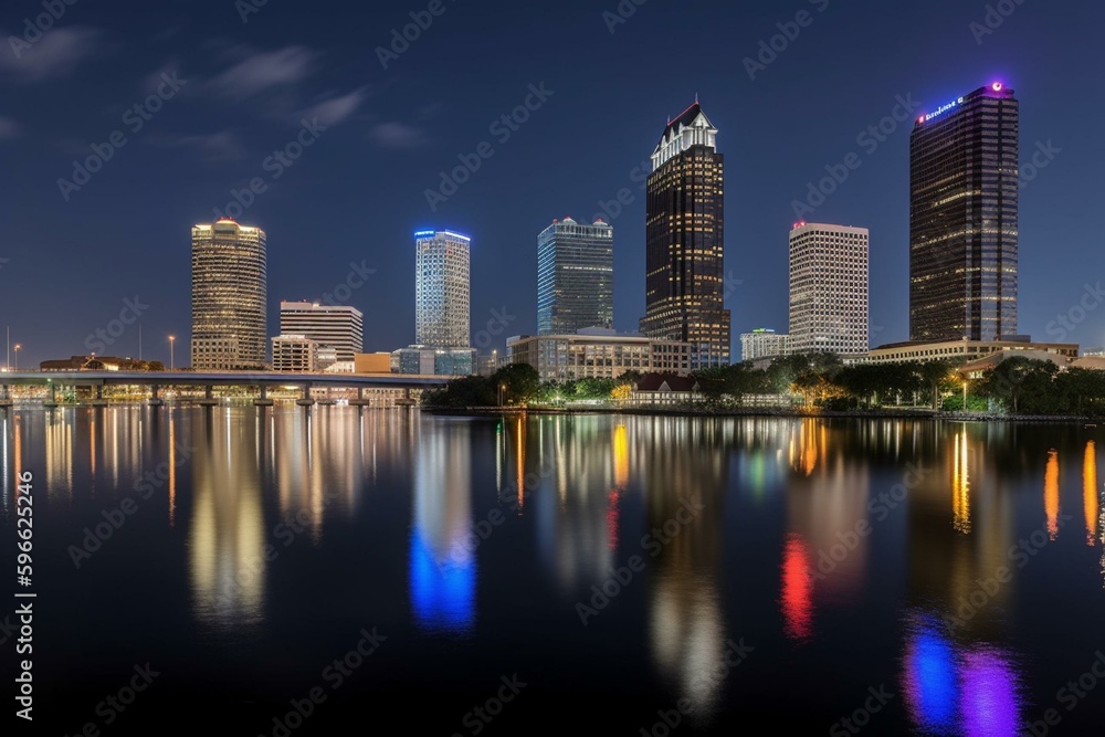 Panoramic view of Tampa's downtown skyline overlooking the freeway and riverwalk. Generative AI