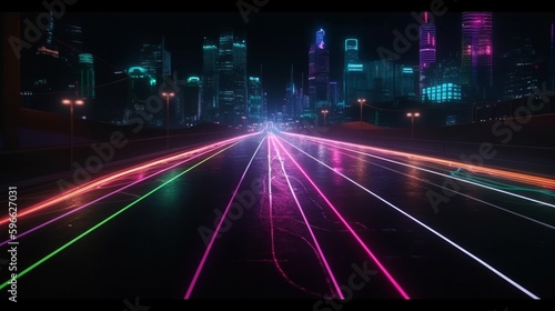 Neon color roadmap street dark background. Generative ai