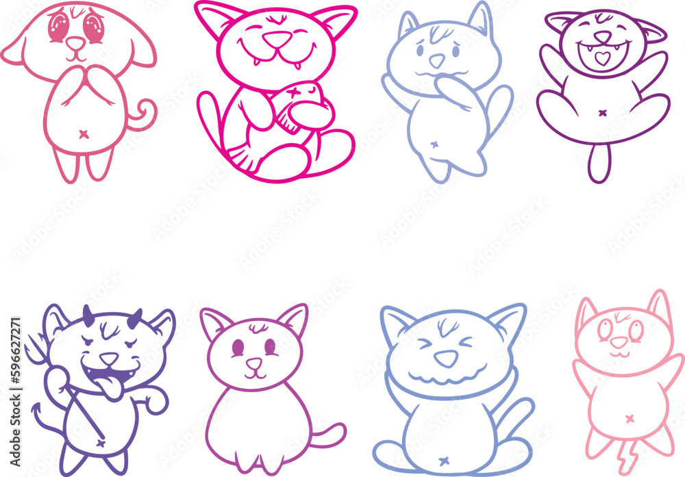 Cute cartoon cats. Hand drawn line art style. Vector illustration.