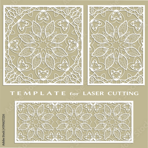 Line patterns set, templates for laser cutting, plotter cutting, printing. Geometric design cut out of paper. Mandala Islamic die cut ornament. Fretwork panels, cutout silhouette stencils. Lace border