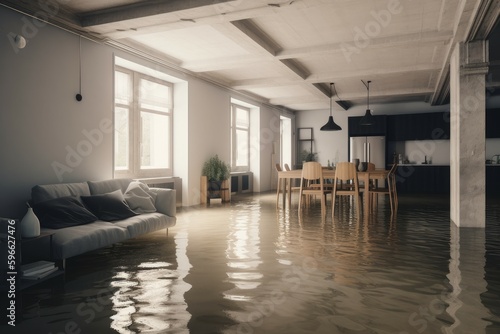 Flooded flat interior house room. Generate Ai