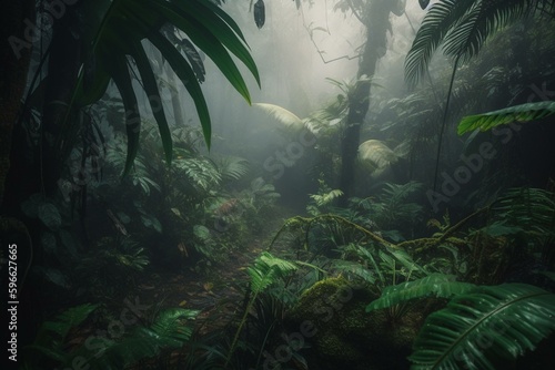 Misty jungle floor for nature wallpaper. Generative AI
