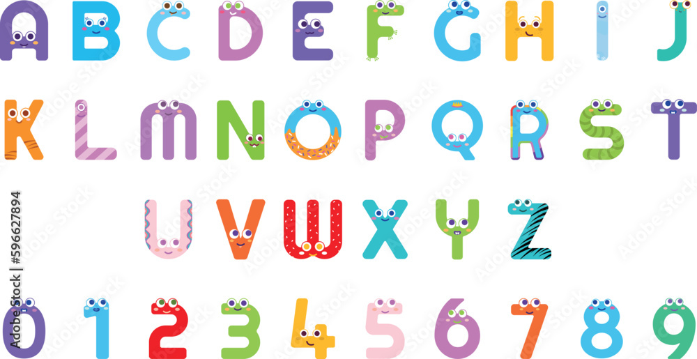 Fun and imaginative kids alphabet in bright colors, perfect for educational materials and entertaining young minds. Colorful numbers and letters designed inspire creativity and learning for children. Fun and imaginative kids alphabet in bright colors, perfect for educational materials and entertaining young minds. Colorful numbers and letters designed inspire creativity and learning for children.