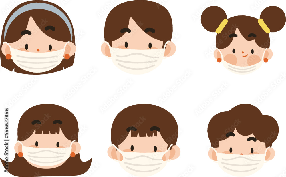 set of faces. Illustration of a girl wearing a face mask. Vector illustration. Set off People set of faces. Illustration of a girl wearing a face mask. Vector illustration. Set off People