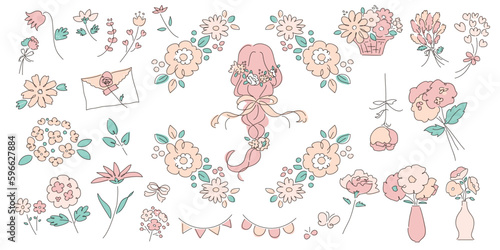 手描き風ボタニカル イラストセット ピンク 線 ベクター 素材