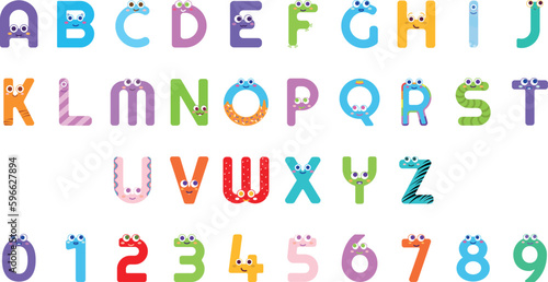 Fun and imaginative kids alphabet in bright colors, perfect for educational materials and entertaining young minds. Colorful numbers and letters designed inspire creativity and learning for children. photo