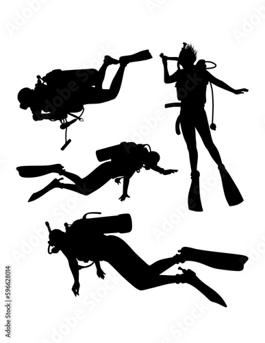 scuba diving and snorkeling male and female divers pose silhouette