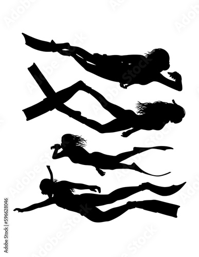 scuba diving and snorkeling male and female divers pose silhouette