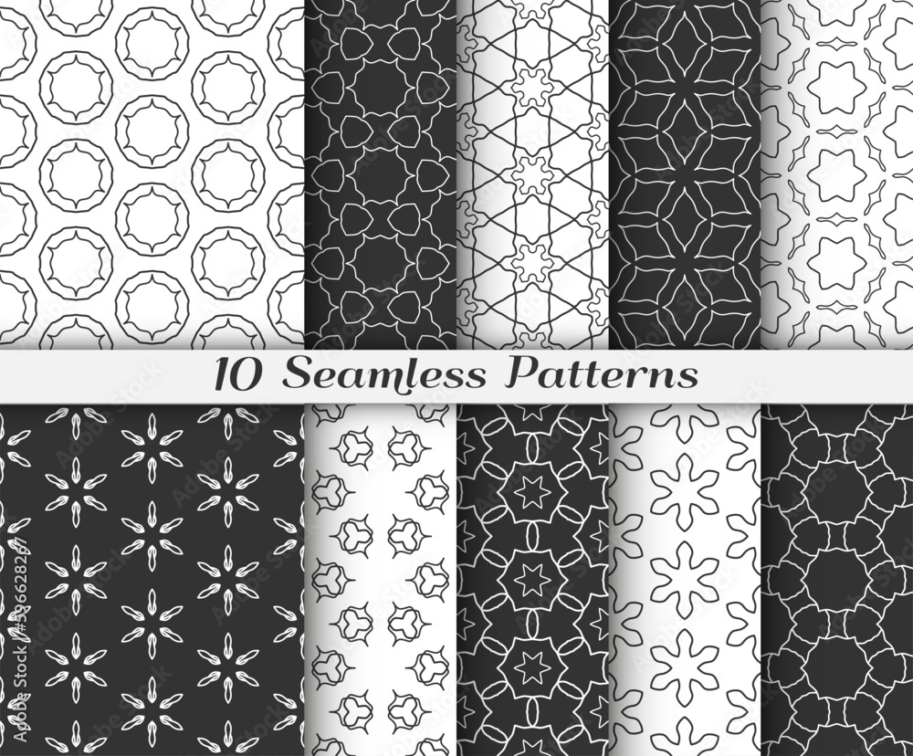 Seamless pattern set in arabic style. Stylish black and white graphic, geometric linear background. Line art texture for wallpaper, card, invitation, banner, fabric print. Ethnic ornament Seamless pattern set in arabic style. Stylish black and white graphic, geometric linear background. Line art texture for wallpaper, card, invitation, banner, fabric print. Ethnic ornament