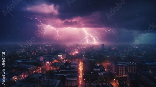 Flashing Lights in a Rainy City Night with Striking Lightning. Generative ai