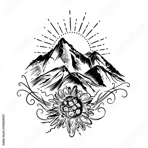 Wandern Berge Edelweiss. Vektor Zeichnung mit Bergen, Sonne und Edelweiß.  photo