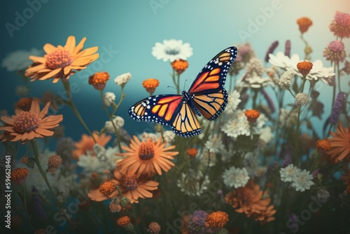 Monarch butterfly on flowers. Generate Ai