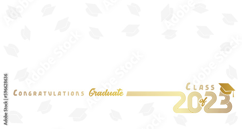 2023 Congratulation Graduate golden line design. Class of 2023 design with golden numbers and graduation square academic cap on white background. Vector illustration