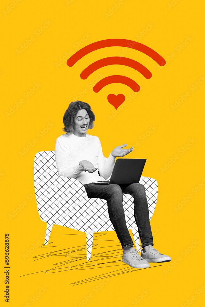 Funny photo collage of young guy talking with his girlfriend remote wireless connect video call love story isolated on yellow background Stock Photo Adobe Stock