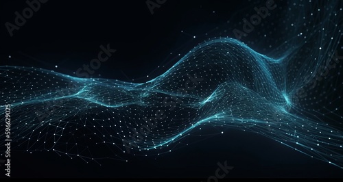 Digital dynamic cyber wave. Abstract futuristic blue background with dots and lines. Big data visualization. Generative ai
