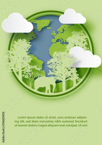 Elephant and trees on the earth in paper cut style with example texts on green background.
