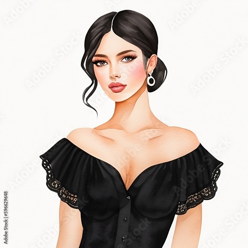 Illustration in a watercolor style, portrait of a fictional elegant young sexy woman with a beautiful face and bare shoulders on a white background. Female avatar for social networks. AI generation
