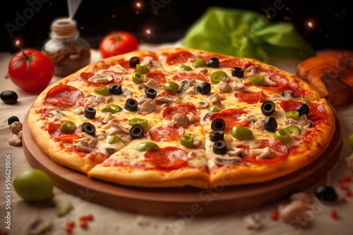A delicious pizza, topped with fresh mozzarella cheese, processed meat salami, and vegetables such as mushrooms and olives.