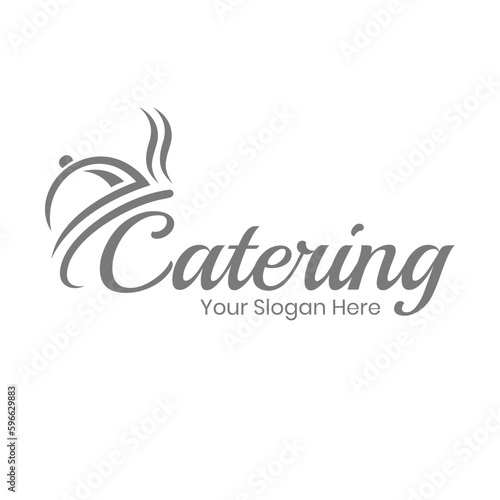 Catering vector logo badge. Cater service sign, outdoor dinner, restaurant business retro design with hand written modern calligraphy. Elegant lettering logotype, vintage style.