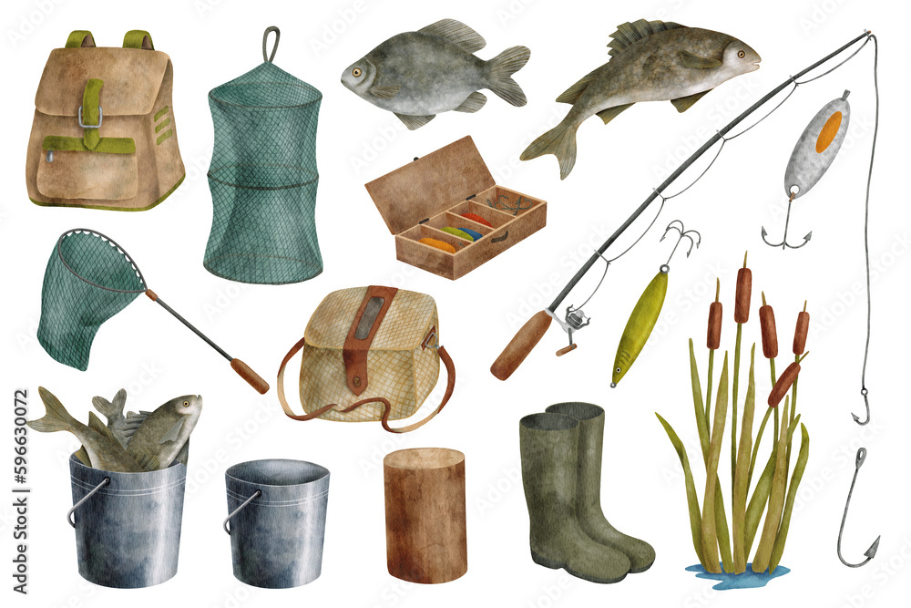 Watercolor fishing equipment set. Hand drawn fishing rod, bait, lure, net,  bucket with fish, creel, backpack and reed isolated on white background.  Angling hobby supplies. Catching fish, camping Stock Illustration