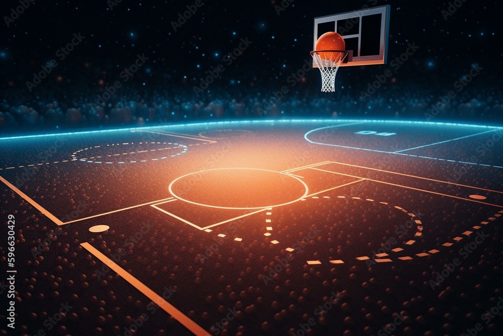 Basketball court floating in space with orange and blue colors, stars