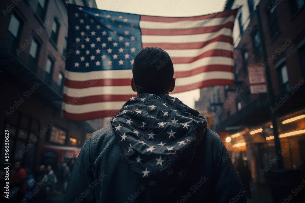 Obraz premium Man saluting us flag. Generate Ai