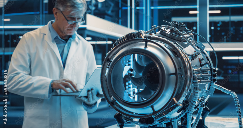 Adult Scientist in Glasses Inspecting a Rotating Fan on an Advanced Turbine Engine. Research and Development Project of a High Tech Jet Engine in an Industrial Facility Adult Scientist in Glasses Inspecting a Rotating Fan on an Advanced Turbine Engine. Research and Development Project of a High Tech Jet Engine in an Industrial Facility