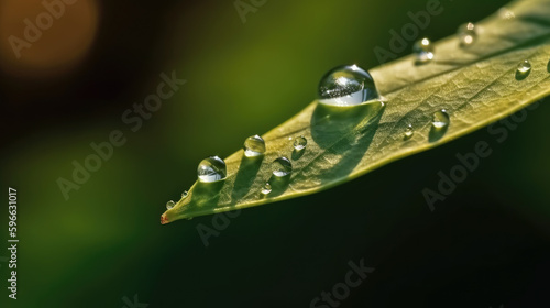 Close-up view of tree leaves wet with dewdrops. Blurred background. Generative AI