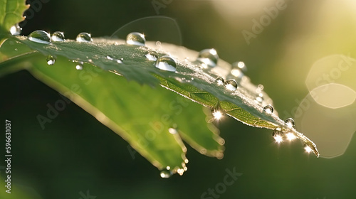 Close-up view of tree leaves wet with dewdrops. Blurred background. Generative AI