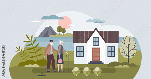 Retirement planning and pension age security with house tiny person concept. Countryside home for elder couple vector illustration. Grandmother and grandfather living life together at real estate.