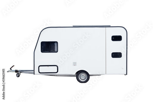 Caravan isolated over white background with clipping path. Full Depth of field. Focus stacking, side view.