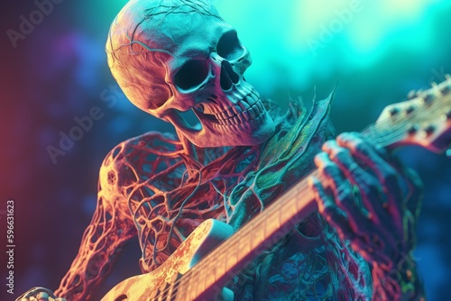 Leinwand Poster Skeleton demon with guitar. Generate Ai