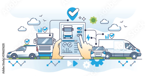 Fleet management system or FMS as logistic trucks software outline concept. Company car, trailer or freight control with digital application vector illustration. Battery level and performance check. photo