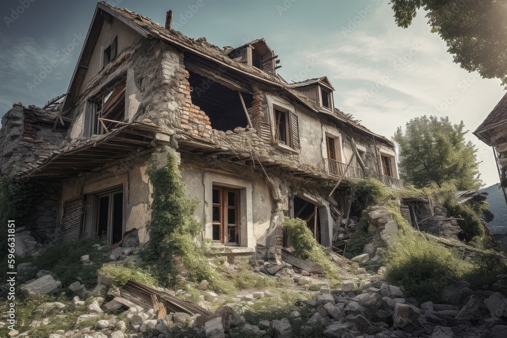 Ruined house after earthquake. Generate Ai Ruined house after earthquake. Generate Ai