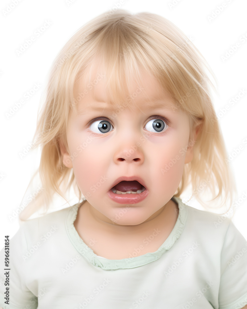 Terrified Toddler: Fearful Expression Captured in Portrait on White Background Terrified Toddler: Fearful Expression Captured in Portrait on White Background