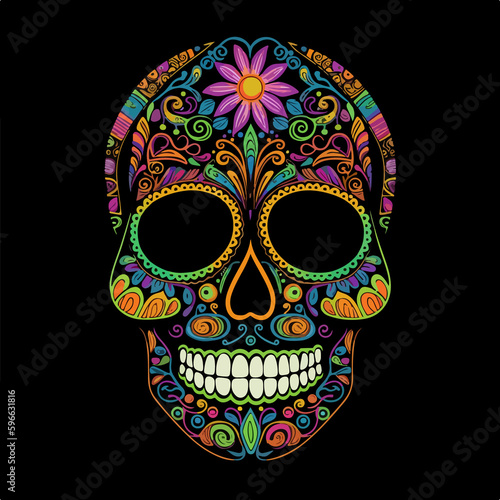 Sugar Skulls. Day of the Dead Skull, isolated on black background. Dia de los Muertos. Mexican sugar skull. Design for logo, emblem, sign, poster, card, banner. Color	