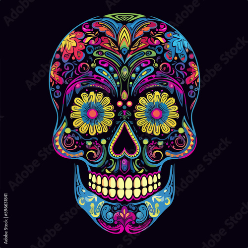 Sugar Skulls. Day of the Dead Skull, isolated on black background. Dia de los Muertos. Mexican sugar skull. Design for logo, emblem, sign, poster, card, banner. Color	