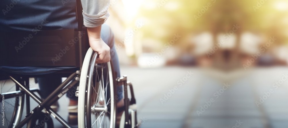 man in wheelchair with physical disability mobility disorder. concept of disability inclusion, insurance, equipment accessibility. banner with copy space. generative ai - obrazy, fototapety, plakaty 