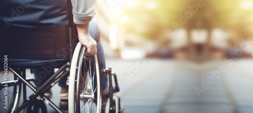 man in wheelchair with physical disability mobility disorder. concept of disability inclusion, insurance, equipment accessibility. banner with copy space. generative ai photo