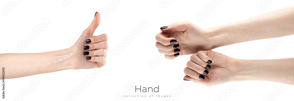 Girl demonstrates a new black color manicure isolated on white background.