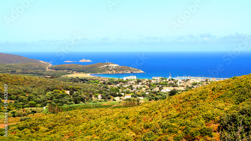 panoramic view of the bay of macinaggio sheltering the marina and the beach of Rogliano near Cap Corse, in Corsica nicknamed the island of beauty photo